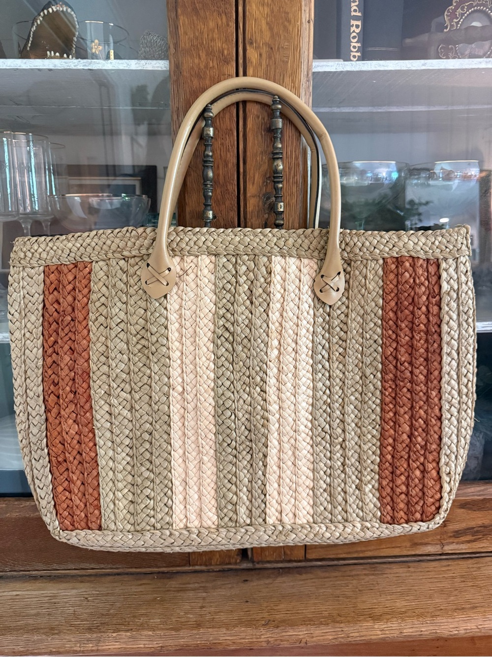 Woven Straw Tote Bag with Rust Accent - Neutral Multi - Picture 2 of 5